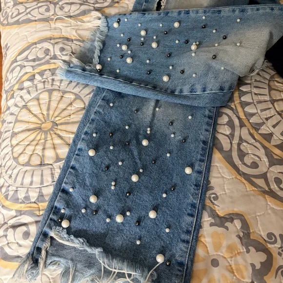 Free People Pearl Bejeweled Straight leg distressed jeans, 29 - Picture 12 of 14